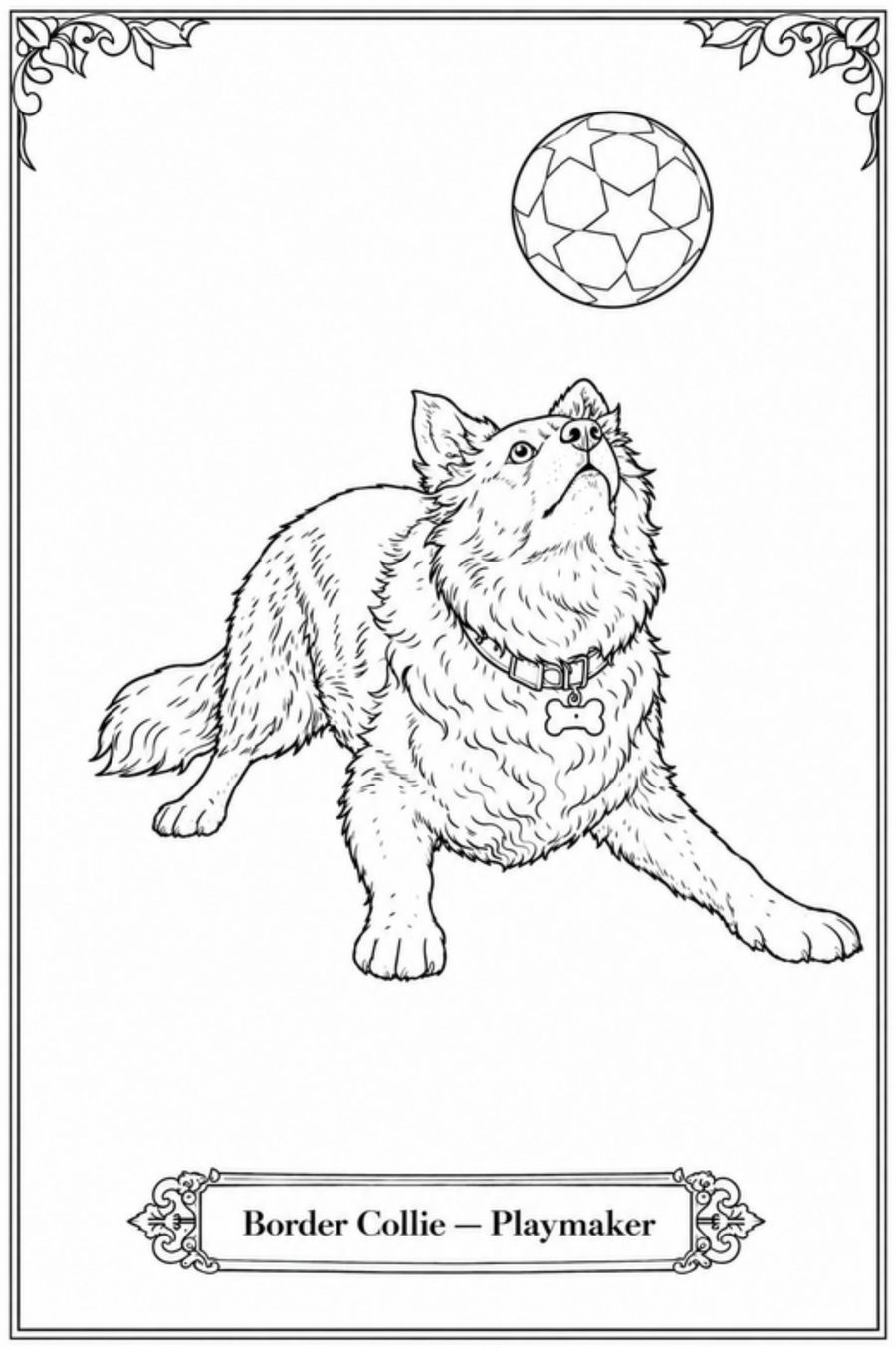 Line drawing of a Border Collie as a playmaker looking up at a football