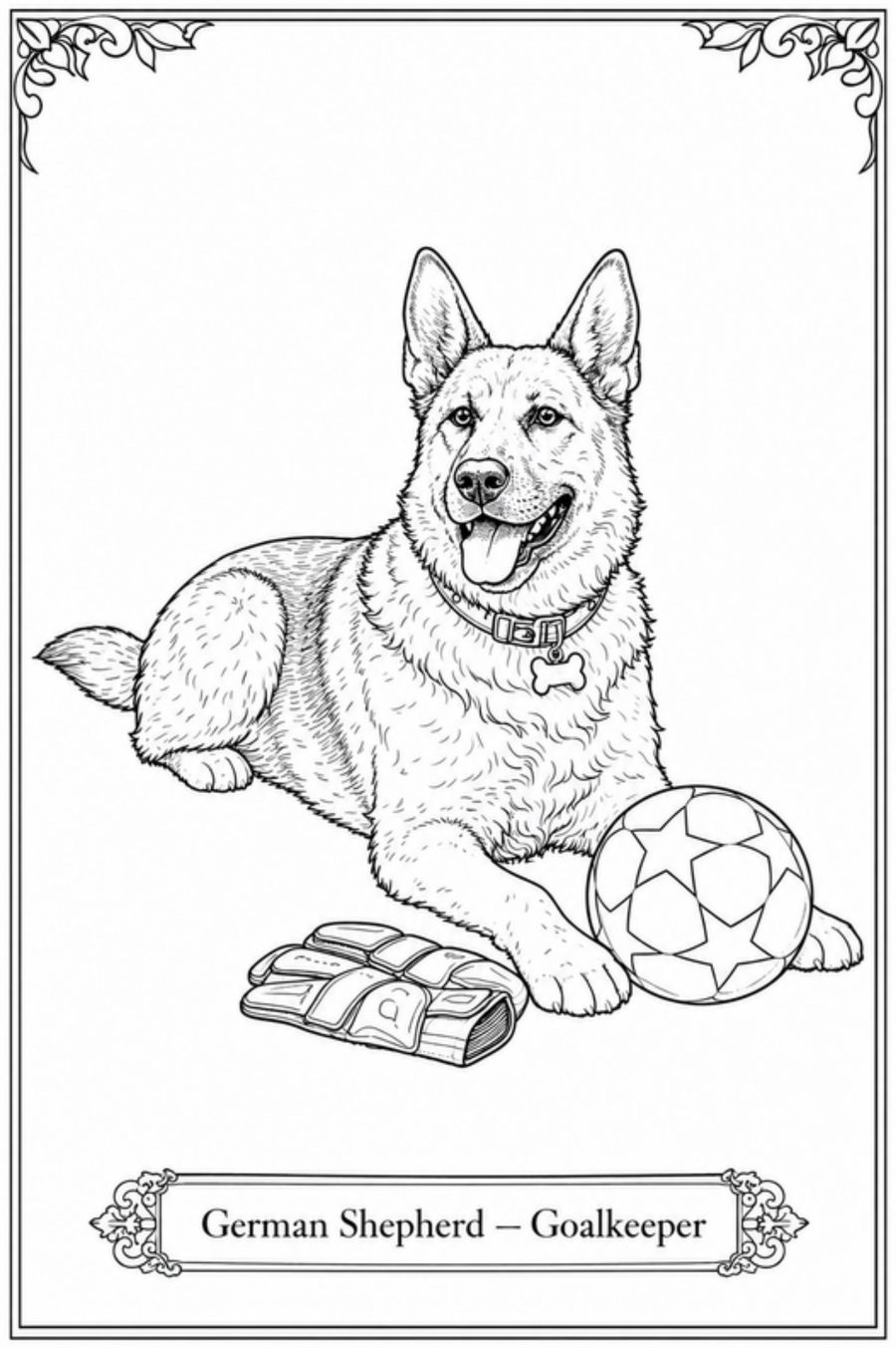 Line drawing of a German Shepherd as a goalkeeper with a football